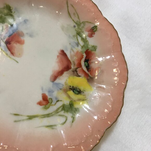 Vintage Other - Porcelain Vintage Hand-Painted Plate Pink Poppies Flower Red & Yellow Gold Gild